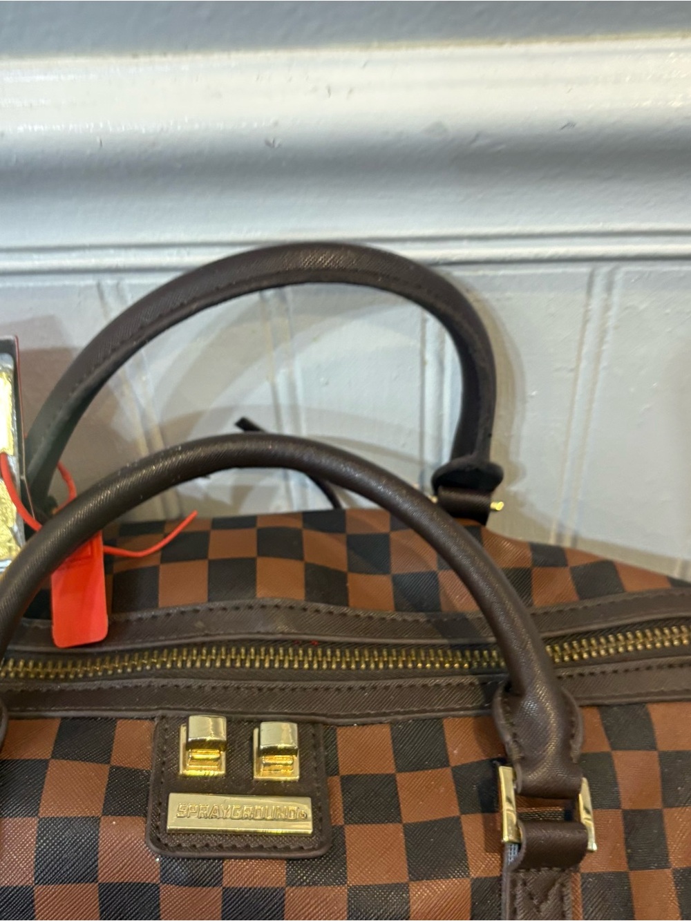 Sprayground Brown Checkered Studded Crossbody Weekender - Picture 4 of 11